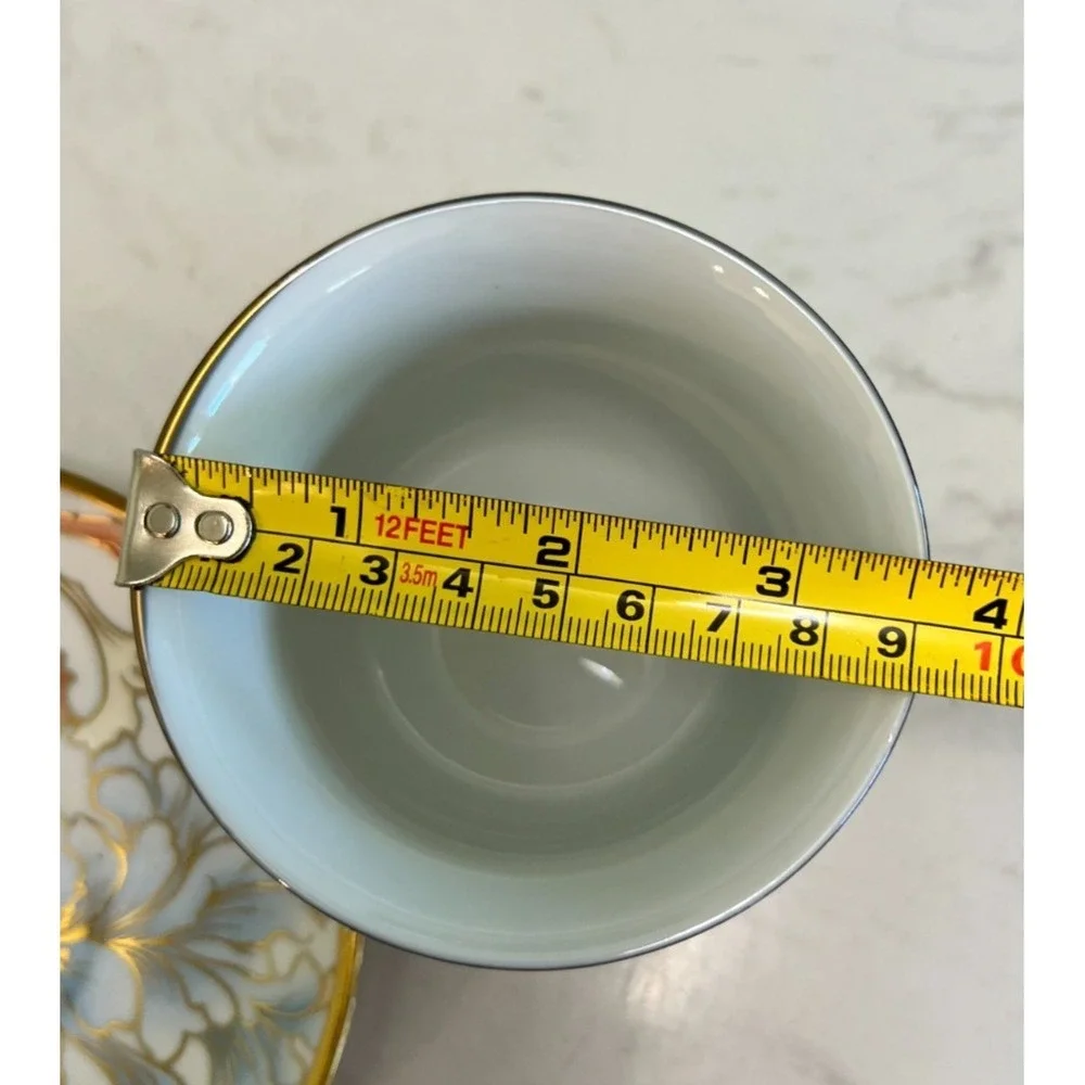 Gold Rim Peony Floral Teacup‎ Saucer Spoon Set Fine Porcelain Cottagecore Party